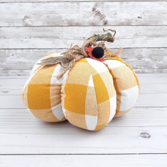 Fall Fabric Decorative Pumpkin Orange Plaid 8 inch Tabletop Decor - Picture 1 of 3